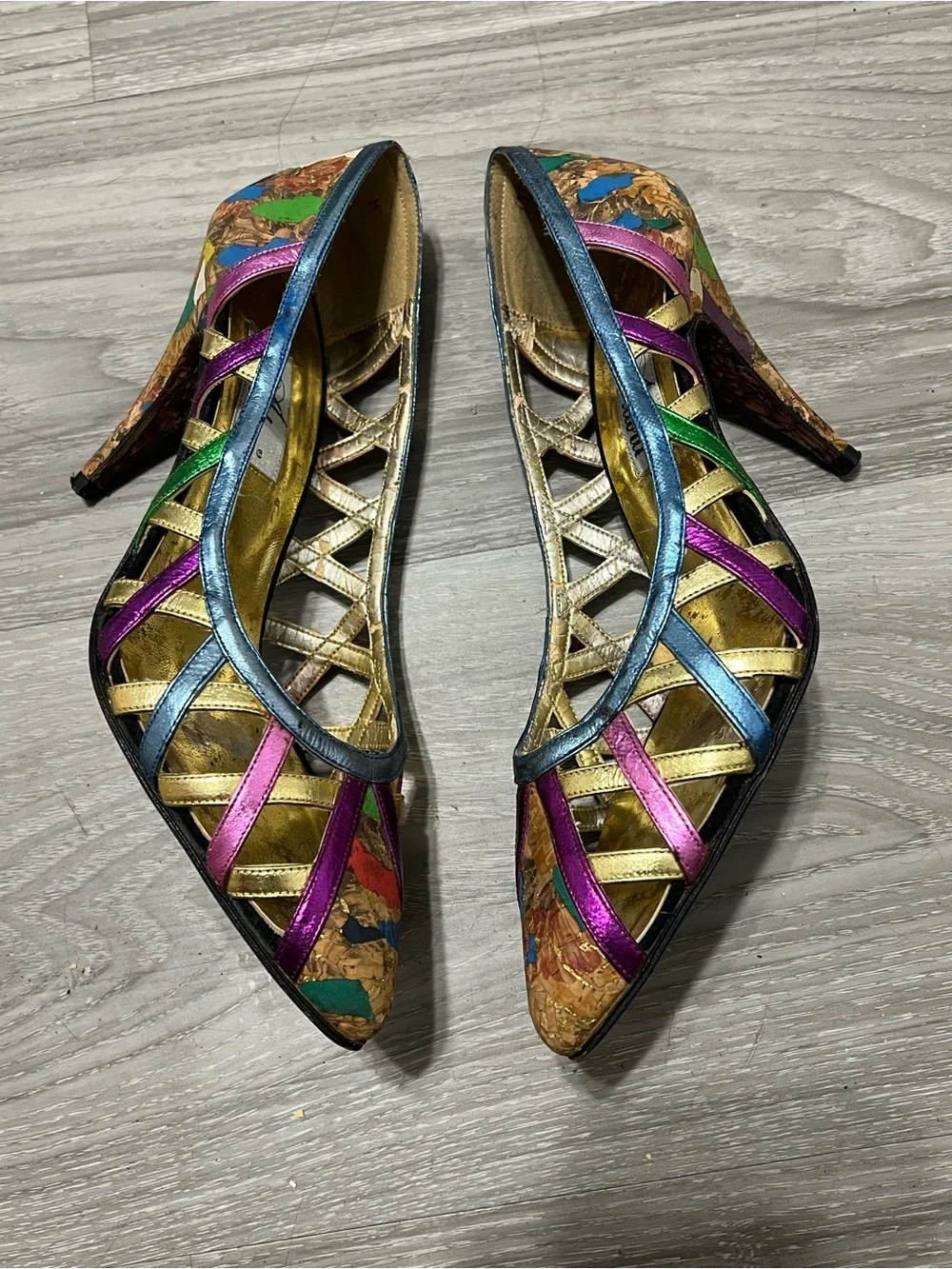 Adora Vintage Metallic Heels Strappy  Cork Mosaic Size 7 M  Colorful Shoes Y2K